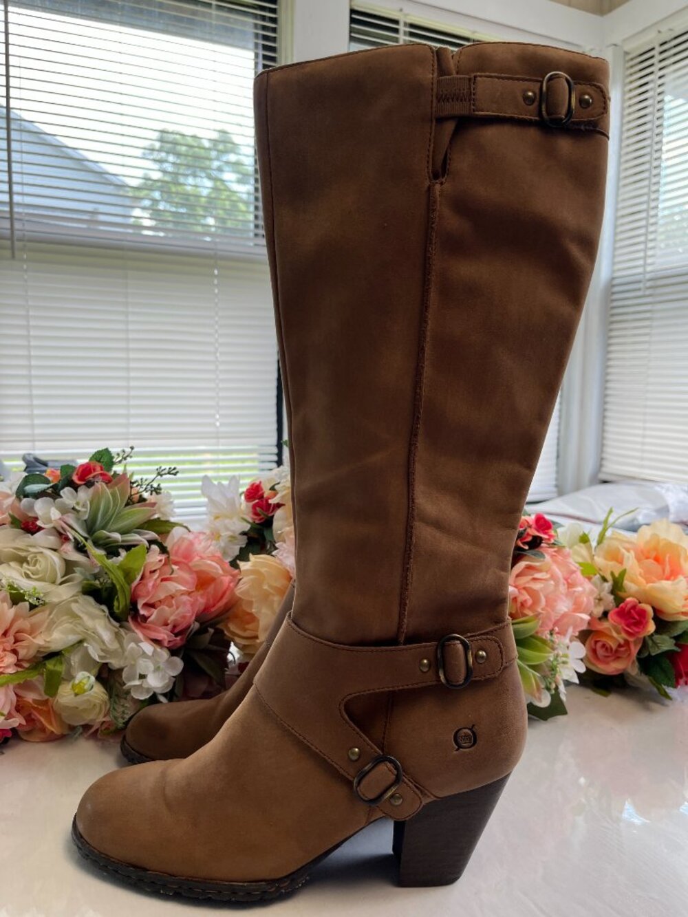 Born Fannar Leather Knee High Boots Brown Harness Buckle Block Heel Size 10/42 - Picture 2 of 16